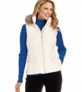 Charter Club's zip-front vest features a faux-fur trimmed hood and quilted style to keep you cozy!