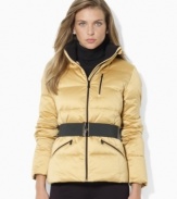 A modernized classic, Lauren Ralph Lauren's mockneck down coat is given a chic belt for a slimming and stylish look.