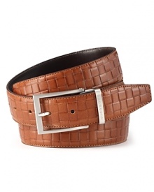 Smooth, buttery brown leather reverses to a handsome woven print pattern for two great looks in one with this BOSS Black Orkano belt.