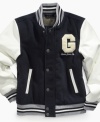 Give him big-boy style and confidence with this sporty varsity jacket from Guess.