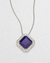 A deep sapphire-colored faceted square of cubic zirconia is framed by shimmering pavé crystals in this lovely design on a silvery chain.Crystal and cubic zirconiaRhodium platingChain length, about 16Pendant, about ½ squareLobster claspImported