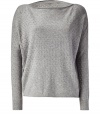 Stylish pullover in fine grey wool and cashmere blend - All-over pointelle detail - Easy drape fit, hits at hip - Long, fitted sleeves - Ribbing at cuffs and back hem - Flattering boat neckline - Slightly longer in the back - A chic, versatile wardrobe go-to - Pair with skinny jeans and ankle boots or a leather skirt and opaque tights