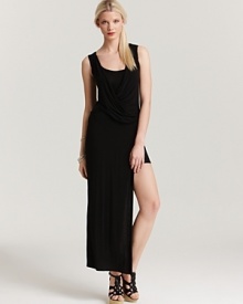 This Bailey 44 maxi dress flaunts an interior mini skirt for a cutting-edge silhouette.