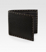 Pebbled leather design accented by intricate stitch detail for a modern finish.Two billfold compartmentsEight card slotsLeather5W x 4HMade in Italy