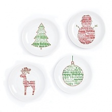 Charming and festive, each plate in this set features the word 'holiday' formed into one of the following four traditional Christmas motifs-an ornament, tree, snowman and reindeer.