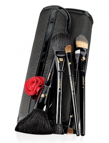 Master the art of makeup with Lancome's five most luxurious brushes, essential for travel. Each brush is precision-crafted with the highest quality bristles for flawless application and professional artistry. With limited-edition lacquered black handles just for the holidays. The brushes are packed in a trendy, signature makeup case. Set Contains: Powder Brush #1, Foundation Brush #2, Angle Shadow #13, Dual End #18 and Cheek & Contour #25. 