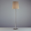 Modern floor lamp with clean, simple lines. Full range dimmer. Polished nickel finish over metal. Taupe Clairborne fabric shade.