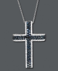 Proudly state your faith. Bella Bleu by Effy Collection's stunning cross pendant features the contrasting colors of round-cut white diamonds (1/3 ct. t.w.) and blue diamonds (1-1/6 ct. t.w.). Set in 14k white gold. Approximate length: 18 inches. Approximate drop length: 1-3/8 inches.