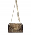 Make a statement with this ultra-luxe python bag from Salvatore Ferragamo - Envelope shape, front flap with logo-detailed snap closure, neutral python panels with leather, chain detailed shoulder strap - Pair with a flirty frock and statement heels