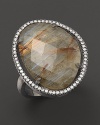 Diamonds circle a faceted rutilated quartz and smoky labradorite doublet in a sterling silver band. By Di Massima.