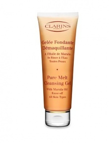 A true cleansing sensation! Clarins' triple-texture cleansing gel transforms into an oil that melts away every last trace of excess oil and impurities including the heaviest makeup. Water activates into a silky milk that rinses skin clean. It soothes and nourishes with Marula Oil for optimal radiance and comfort. Made in France. 4.2 oz. 