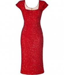 Shimmer into evening splendor in LWren Scotts allover sequined silk sheath dress, exquisitely crafted with radiant red caviar beads - Scoop neckline in front and back, cap sleeves, hidden metal back zip - Form-fitting, mid-length - Pair with monochrome accessories and a dusting of sparkly fine jewelry