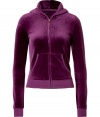 Stylish zip-up hoodie in fine purple cotton and poly blend - A true classic from LA cult label Juicy Couture - Super-soft velour fabric - Slim, fitted silhouette cut to hit at the waist - Front scoop pockets, contrast graphic Rock My Couture print at back - Sexy but casual, ideal for leisure and relaxing - Pair with velour track pants, skinny denim or cords