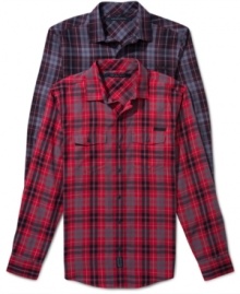 This Sean John plaid will add rugged cool style to your shirt collection.