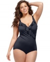 Ruffle trim adds feminine flair to this INC International Concepts plus size one-piece swimsuit for standout seaside style -- an everyday value!