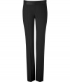 Elegant trousers in fine black stretch wool blend - Wide waistband has a chic, satin-like finish - Side zip, two hip pockets and slit pockets at rear - Modern silhouette and slim cut - Straight leg with flattering crease detail - Chic and polished, ideal for the office and cocktails - Pair with blazers, cropped leather jackets or cashmere pullovers and platform pumps