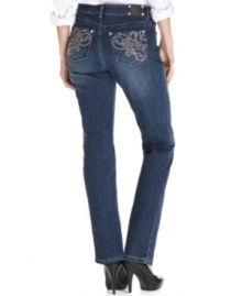 Look your slimmest in these Style&co. petite straight-leg jeans, featuring a special tummy-smoothing panel at the front! A classic medium wash is upgraded by rhinestones and prettily embroidered pockets.