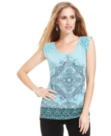 Ruffles, rhinestones and a sweet print create a boho chic look on this petite Style&co. top!