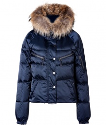 Maximize your sporty, slope-ready style in this ultra-luxe fur-trimmed down jacket from Jet Set - Raccoon fur-trimmed hood, concealed front zip closure with front snap placket, long sleeves, zip pockets and slash pockets, quilted - Fitted silhouette - Pair with jeans or leggings for the city and chic ski pants for the slopes