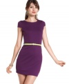 Highlighted by a neon-color skinny belt, Planet Gold's cap-sleeve, ponte-knit dress nails tailored, minimalist style!