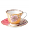 Your table, in bloom. This Floral Bouquet cup and saucer from Wedgewood offers a look of vintage-inspired beauty, featuring fanciful florals, graceful butterflies and lustrous golden accents for a splendid presentation.