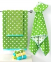 Hop to it! This cheerful Froggy bath towel makes bath time a time for smiles in pure cotton. Its green terry jacquard weave with white polka dots features a cool blue border.