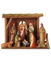 Decorate your home with this comprehensive nativity scene to remind friends and family of the true meaning of the holiday season. With golden embellishments.