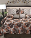 An eclectic mosaic design with simple leaf accents captures the essence of modern charm in this jacquard woven Arcadia comforter set. Shams, bedskirt and three decorative pillows all in a warm palette of orange, brown and gray tie together this contemporary look inspired by nature.