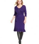 Fall in love with Spense's three-quarter-sleeve plus size sweater dress, finished by a belted waist and ruffled hem.