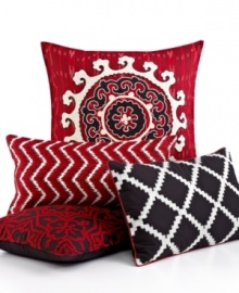 Captivating at a glance, this INC International Concepts Ikat decorative pillow features rich red embroidery that provides a graphic punch of color to your bedding ensemble.