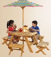 Little ones will love picnics and playtime under the shade in this weather-resistant wood table set and striped canvas umbrella, sturdy enough for year-round fun and roomy enough for playtime with extended friends and family.Octagon tableFour matching stoolsStriped canvas umbrellaTable: 31.9L X 37.8H X 19DStool: 12.2W X 8H X 15.5DUmbrella: 59.75HCanvas umbrella; Sanmu wood construction42.05 lbsImported