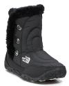 Cute pull-on boots with down insulation and faux fur trim for a comfortable and warm treat for your feet.