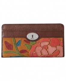 Pretty practical. Fossil brings a fresh outlook to the everyday with this rich leather clutch, featuring signature detailing and colorful floral design. Ideally sized to slip inside a handbag, it boasts plenty of pockets and compartments for all the essentials.