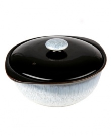 Sturdy and stylish, Denby's Halo casserole moves seamlessly from oven to table in contemporary black-and-white stoneware.