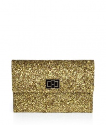 Pack a seriously stylish punch with this glitter-covered clutch from cult-favorite accessory designer Anya Hindmarch - Classic rectangle shape, front 14kt gold-plated twist-lock closure, allover glitter embellishment - Style with a sleek cocktail frock or a flirty club-ready look