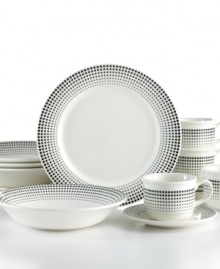 Hits the spot. A classic color scheme and digital dot motif give Corona's Atlantis dinnerware set a casual-cool style that, in dishwasher-safe earthenware, is ideal for every day.