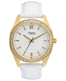 A captivating watch from Caravelle by Bulova embellished with crystal shimmer and golden shine.