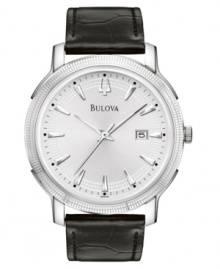 A stately watch from Bulova with everlasting style. Black croc-embossed leather strap. Silvertone stainless steel round case and round silvertone dial with logo, date window and stick indices. Quartz movement. Water resistant to 30 meters. 3-year limited warranty.