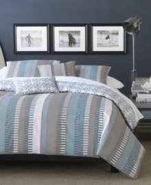 Modern blocks of subdued tans and blues create a relaxed design across this La Jolla duvet cover set. A reverse Hawaiian-inspired mosaic print provides a carefree attitude in blue over crisp white cotton. The overall look is understated, clean and sophisticated; a perfect combination for updating your bedroom. (Clearance)