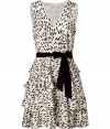 Adorable beige and black belted silk dress - Add a feminine touch to your wardrobe with this chic belted dress - Chic asymmetrical tiered skirt and on-trend cheetah-inspired print - Wear with opaque tights and platforms for a standout night look - Try with ribbed tights and a cardigan