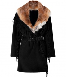 Ultra glamorous with its luxurious fox fur collar, Ermanno Scervinos dramatic fringed coat guarantees a statement finish to cool weather looks - Oversized tonal red fox fur collar, long sleeves, hidden front snaps, side slit pockets, belted waistline with tonal leather accents, allover fringed trim - Tailored fit - Wear with streamlined accessories and matching black leather handbags