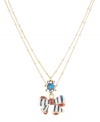 Perfect your preppie look in pinstripes! Betsey Johnson's adorable two-row bow pendant features red, blue and white enamel accents and a round-cut blue crystal charm. Set in antique gold-plated mixed metal. Approximate length: 16 inches + 3-inch extender. Approximate drop: 1-1/2 inches.