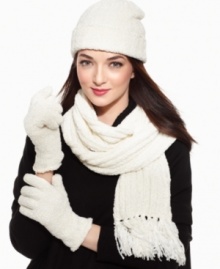 A cozy cap with lovely warmth-retaining texture. Chenille shaker stitch cap by Charter Club.