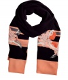 Luxe scarf in sumptuous, 100% pure silk - Lightweight stole style drapes beautifully - On-trend, Deco-inspired coral and black colorway - Elegant orange and pink floral embroidery - Delicate beaded embeliishment - A sophisticated standout and must for accessorizing simple, streamlined looks - Pair with a sheath dress, button down blouse, or style with a biker jacket