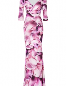 With its vivid dewy orchid print and radiant purple coloring, Roberto Cavallis maxi dress is an ultra romantic take on the iconic Cavalli look - Wrapped V-neckline, 3/4 sleeves, brooch detail at hip, pull-over style - Form-fitting - Wear with metallic pumps and a bright leather clutch