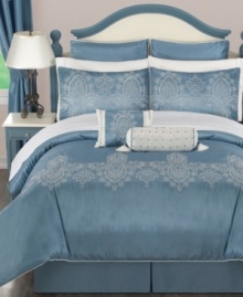 With a refreshing blue color and elegant design, this Geneva comforter set brings pure sophistication to the bedroom. A beautiful silver hue lends an enchanting element while the set comes complete, including sheet set and window treatments, for a total room redo.