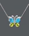 Pretty colorful wings will set your heart aflutter. Embrace nature with this delicate butterfly pendant featuring oval-cut blue topaz (1-5/8 ct. t.w.) and pear-cut peridot (7/8 ct. t.w.) wings and a diamond-accented body. Crafted in sterling silver. Approximate length: 18 inches. Approximate drop: 1/2 inch.