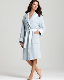 Relax in luxury! Hooded waffle robe with piqué trim on front facing, cuffs and belt.