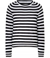 Super stylish black and white striped sweater from D&G Dolce & Gabbana - Channel Jail House Rock in this luxe striped sweater - All-over stripe print, slim fit, crew neck - Wear with straight leg jeans, a leather jacket, and motorcycle boots