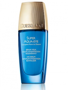 EYE SERUM OPTIMUM HYDRATION, REVITALIZER. For time-defying eyes. Specially formulated for gentle action on the sensitive eye contour zone, Super Aqua-Eye combines the Desert Rose Flower Complex with hyaluronic acid fragments. Known for its volumizing, plumping and smoothing power, hyaluronic acid is a molecule capable of retaining the equivalent of 1,000 times its volume in water.